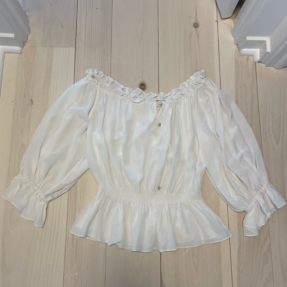 elie tahari off the shoulder silk shirt with ballon sleeves